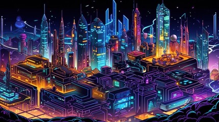 Game concept of a night futuristic city . Fantasy concept , Illustration painting.