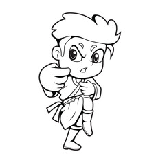 Cartoon Little Boy doing Kung Fu pose Vector Line drawing isolated background, coloring book