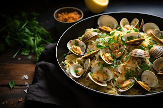Close-up of steamed clams, linguini and parsley served in casserole 
