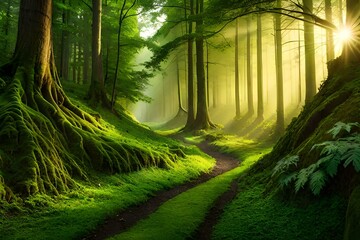 green forest in the fog