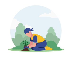 Obraz na płótnie Canvas Cartoon man volunteer planting trees outdoors. Process of taking care of environment. Social charity activities. Volunteers working. Vector flat style illustration