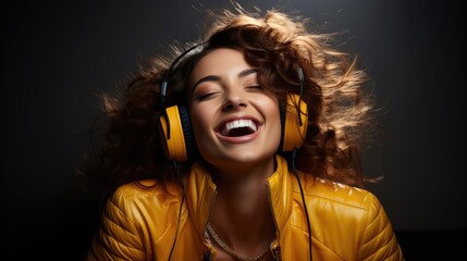 Fototapeta premium young woman with headphones listening music and singing loud
