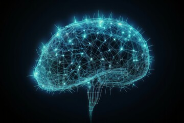 Mind in Motion: A Captivating Visual of a Human Brain on an AI Pulsating Background, Expressing Connectivity and Symbolic Exploration in a Merging of Teal and Sky-Blue