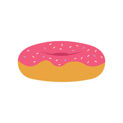 Illustration of a donut with pink jam and colorful sprinkles. Food clip art. Suitable for culinary content and infographic.