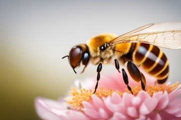 Honeybee collecting nectar from flower. Macro or close up of beautiful insect. Generative AI.