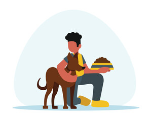 Faceless volunteer guy feeds narrow dog food and hugs pet. Young people spending time with dog. Charity for domestic animals. Volunteer playing with pet. Social active youth. Vector