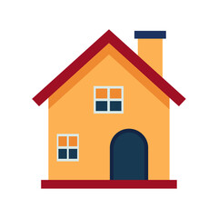 yellow house icon with two windows and chimney on roof isolated on white background using vector illustration art