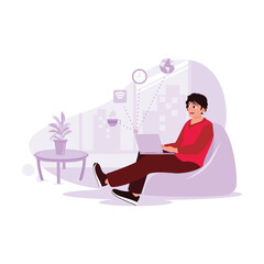  Male freelancer sitting casually on the sofa, analyzing data via laptop with 4G internet wifi connection. Trend Modern vector flat illustration.