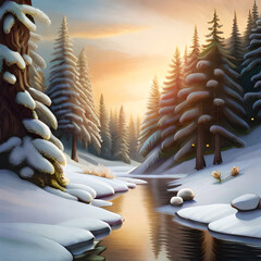 River in winter snowy pine forest. Generative AI.