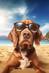 Plakat Hund entspannt am Strand KI