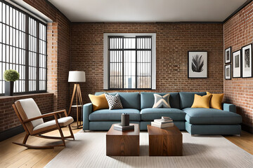 Fototapeta premium Interior design of an industrial chic living room that incorporates exposed bricks, metal finishes, wooden elements, and vintage machinery-inspired decor with a touch of luxury | Generative AI