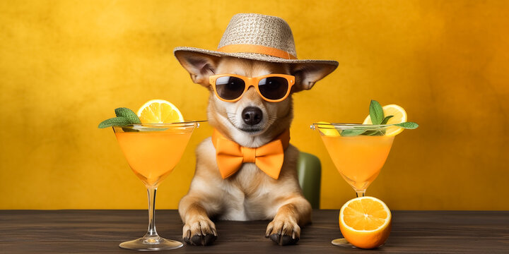 Hund mit Cocktail im Urlaub KI