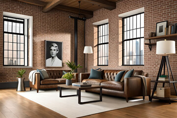 Fototapeta na wymiar Interior design of an industrial chic living room that incorporates exposed bricks, metal finishes, wooden elements, and vintage machinery-inspired decor with a touch of luxury | Generative AI