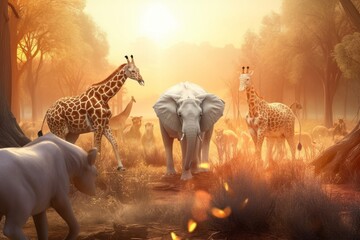 Dramatic Wildlife Escape: Fantastic CGI Art Depicting a Group of African Animals Fleeing from a Forest Fire in Summer's Sunny Light, Featuring Elephants, Giraffes, Rhinoceros, Parrots, and Buffalos