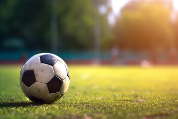 Fototapeta premium Soccer ball on grass sports field with copy space.