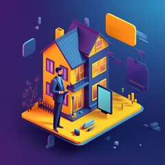Real estate agent selling a house. Infographic illustration. Isometric icon style. Dark blue and contrast yellow colours. Generative AI