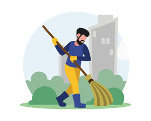 Bearded faceless guy volunteer sweeping streets with broom. Volunteer taking care of environment. Social charity activities in city. Gathering trash for recycling. Vector