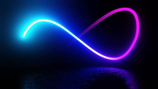 Neon infinity sign. 3D render seamless loop animation. Abstract background with infinity sign. Digital background. Seamless loop. Infinity symbol appears of multiple glowing lines, animated figure