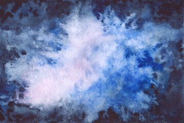 Watercolor, abstract, fantasy background of the night sky, nebula, space in blue and indigo shades. Template for design, decoration, banner with place for text. Hand drawn in watercolor on paper.