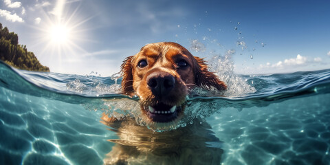 Hund im Urlaub im Wasser KI