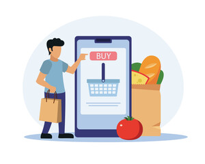Young man standing near big mobile, select and buying fresh food, use mobile app. Character order food online. Fast deliver concept. Vector illustration in blue and red colors
