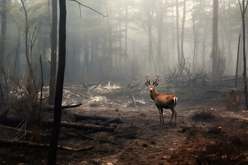 森林火災で焼け出された鹿：AI作品
