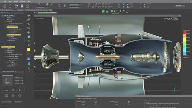 Using technical software to visualise the components of an automotive machine. Technical software shows the small details of automotive product. Technical software deconstructing automotive turbine.
