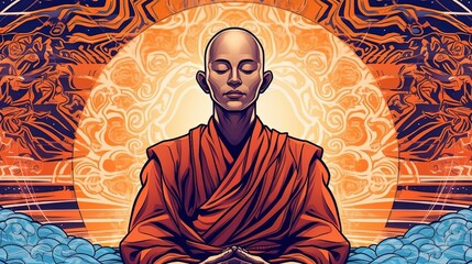Buddhist monk meditating . Fantasy concept , Illustration painting. - obrazy, fototapety, plakaty