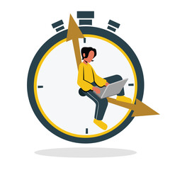Cartoon faceless man working on laptop with clock time management concept. Productivity, deadline and time to take brake. Vector flat style illustration on white background