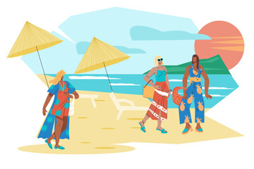 Summer beach scenery with women in fancy dresses. Seashore backdrop for summer season vacation topic, flat vector illustration isolated on white background.