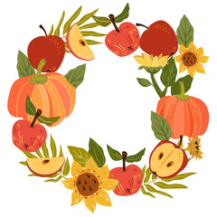 Autumn vegetables harvest frame or wreath with apples and pumpkins. Autumn seasonal cards design element, flat vector illustration isolated on white background. Autumn frame.