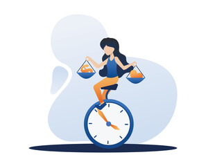 Company employee prioritizing tasks. Faceless woman seated on giant time bicycle holding heart and dollars on pair of scales. Flat vector illustration