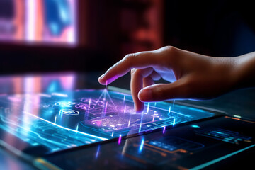 hands of the person on the virtual display, representing technology advancement