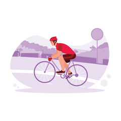 Male cyclist riding his bicycle at high speed in a bicycle competition. Trend Modern vector flat illustration.
