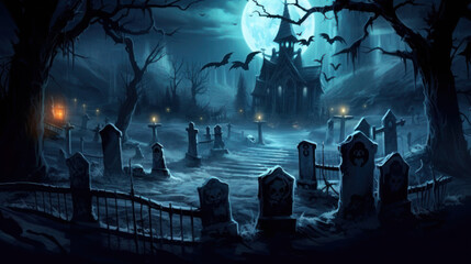 Spooky Halloween in the haunted forest graveyard with bats and scary trees. Happy Halloween Background. Generative AI