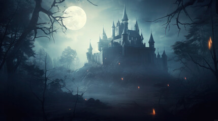 Vampire's Castle in the Spooky Night Forest on Halloween Background. Generative AI - obrazy, fototapety, plakaty