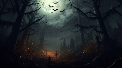 Spooky Halloween in the haunted forest graveyard with bats and scary trees. Happy Halloween Background. Generative AI - obrazy, fototapety, plakaty