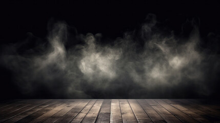Wooden floor with smoke and light in dark room. Halloween abstract background. Generative AI
