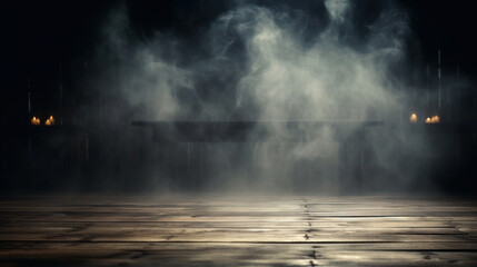 Wooden floor with smoke and light in dark room. Halloween abstract background. Generative AI