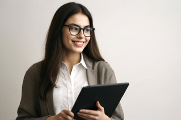 Smiling young businesswoman in eyeglasses using tablet computer, looking at camera and smiling, standing against white background, Generative AI