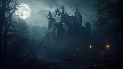 Vampire's Castle in the Spooky Night Forest on Halloween Background. Generative AI - obrazy, fototapety, plakaty