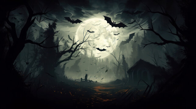 Spooky Halloween in the haunted forest graveyard with bats and scary trees. Happy Halloween Background. Generative AI
