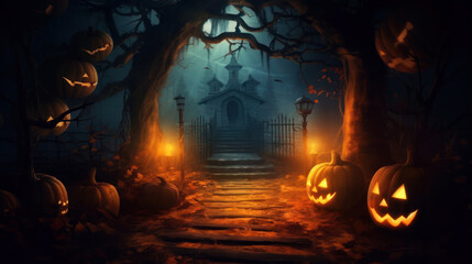 Pumpkins Illuminating a Forest Cemetery Under the Night Tree. Halloween background. Generative AI