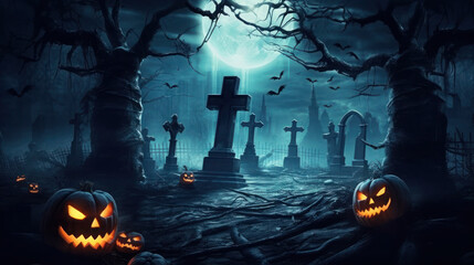 Pumpkins Illuminating a Forest Cemetery Under the Night Tree. Halloween background. Generative AI