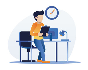 Faceless cartoon guy walks with tablet with documents to meeting at work in office in front of clock. Working day in office. Vector flat style illustration