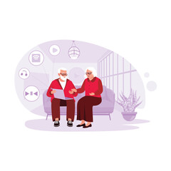 Aged couple enjoying time together at home, sitting on the couch watching funny videos on a laptop. Trend Modern vector flat illustration.