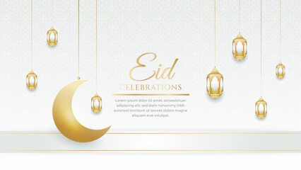 Islamic eid festival white and gold greeting with lamp and moon