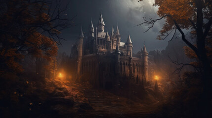 Fototapeta na wymiar Vampire's Castle in the Spooky Night Forest on Halloween Background. Generative AI