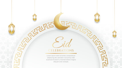 Naklejka premium Happy Eid Islamic social media post with white and gold and lantern ornament pattern background