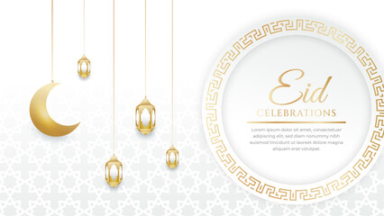 Eid Mubarak colorful luxury Islamic white and gold background with decorative ornament, eid Mubarak social media post design.